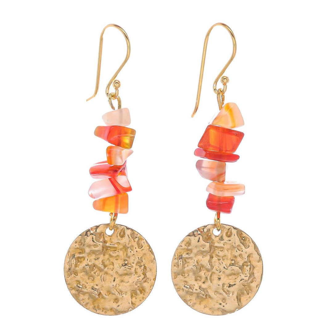 Natural Carnelian Chip and Brass Coin Dangle Earrings - Golden Coin in Orange