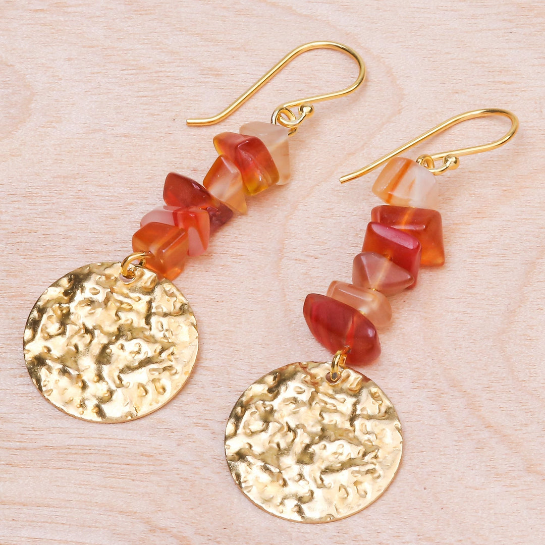 Natural Carnelian Chip and Brass Coin Dangle Earrings - Golden Coin in Orange
