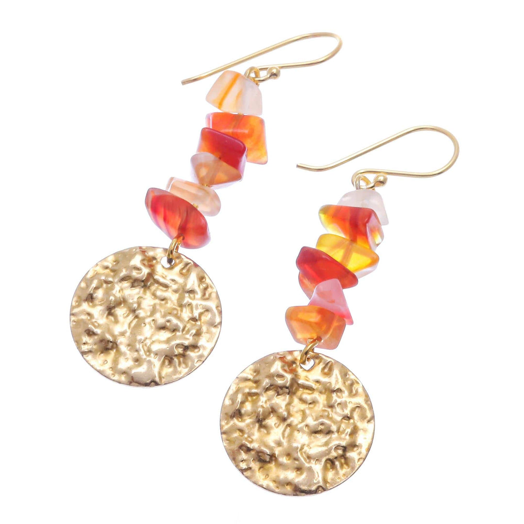 Natural Carnelian Chip and Brass Coin Dangle Earrings - Golden Coin in Orange