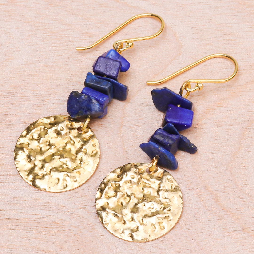 Handmade Lapis Lazuli Chip and Brass Coin Dangle Earrings - Golden Coin in Blue