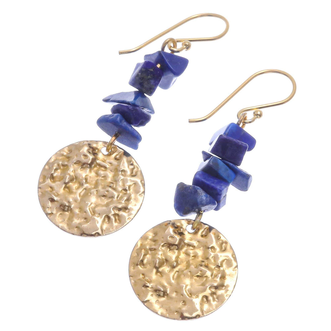 Handmade Lapis Lazuli Chip and Brass Coin Dangle Earrings - Golden Coin in Blue