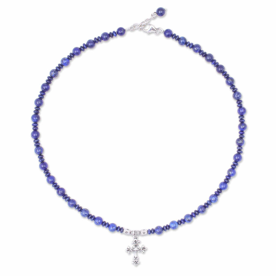 Handmade Lapis Lazuli Beaded Pendant Necklace - Sky and Sea Cross