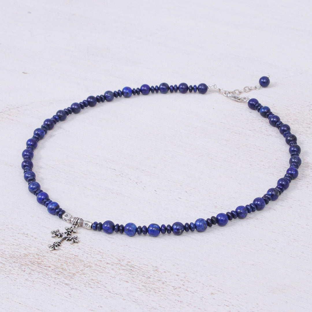 Handmade Lapis Lazuli Beaded Pendant Necklace - Sky and Sea Cross
