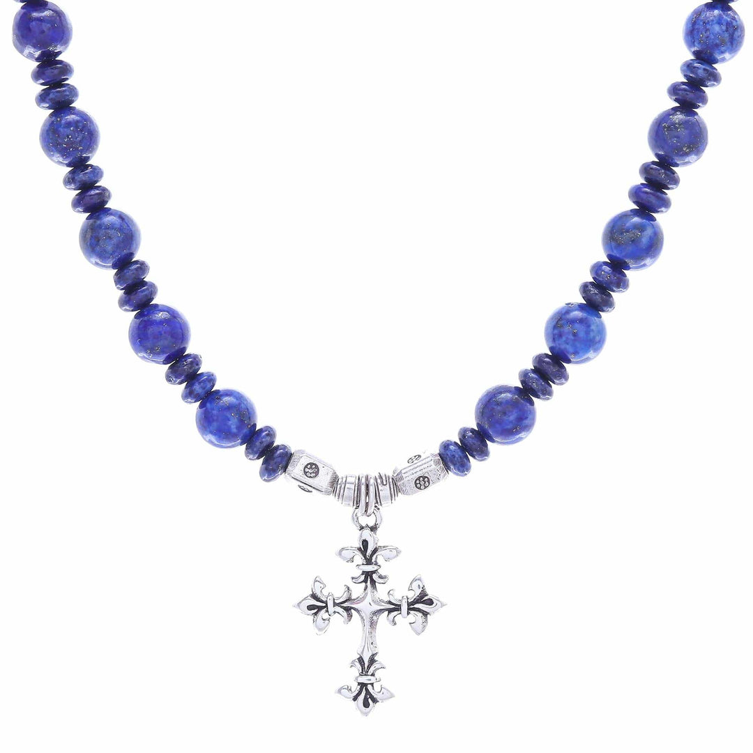 Handmade Lapis Lazuli Beaded Pendant Necklace - Sky and Sea Cross