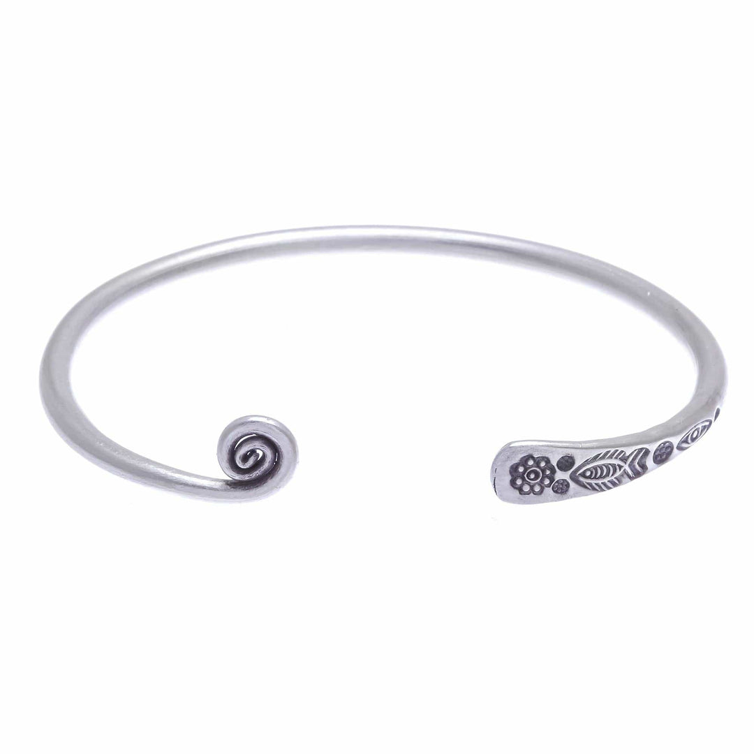 Thai Handmade Sterling Silver Cuff Bracelet - Fish and Flowers