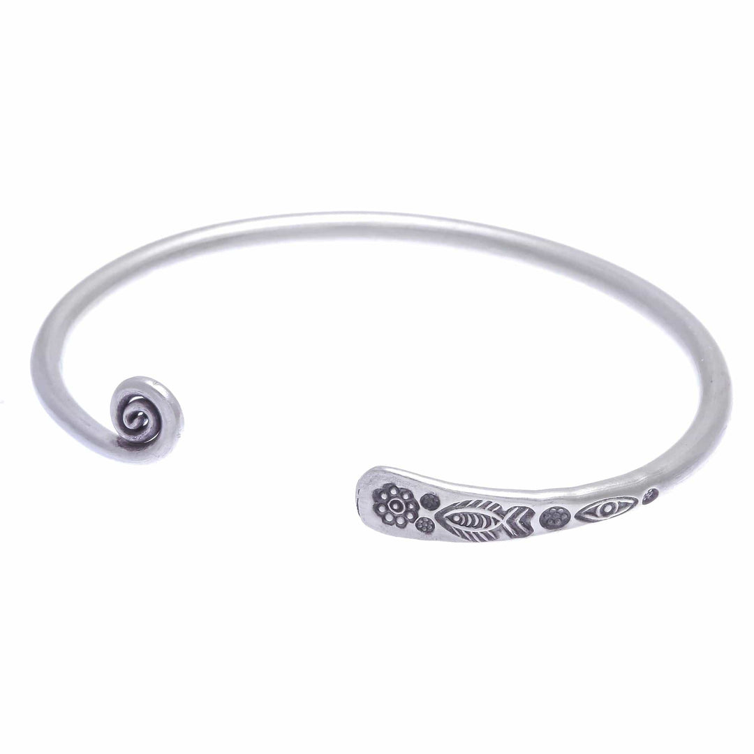 Thai Handmade Sterling Silver Cuff Bracelet - Fish and Flowers