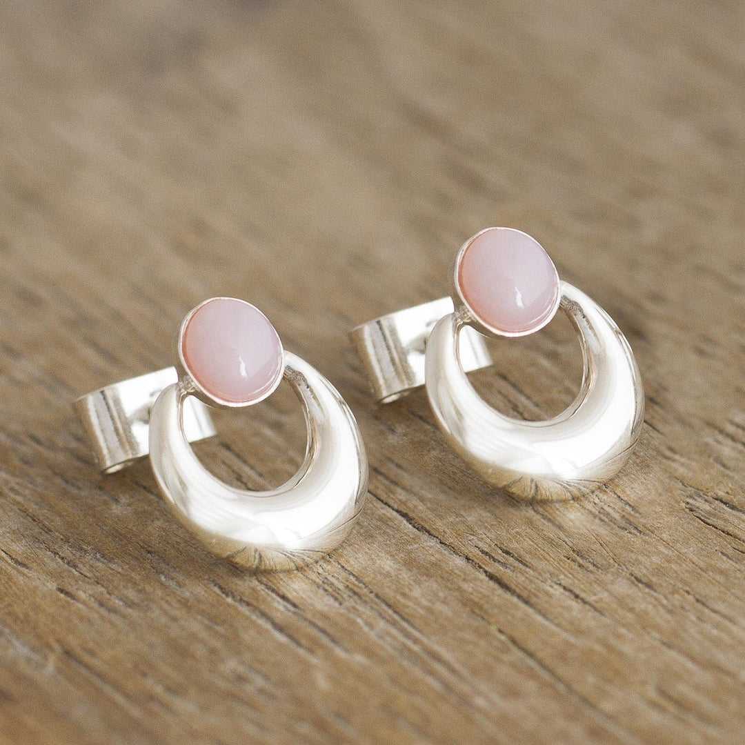 Handmade Pink Opal Earrings - Crowned Crescent