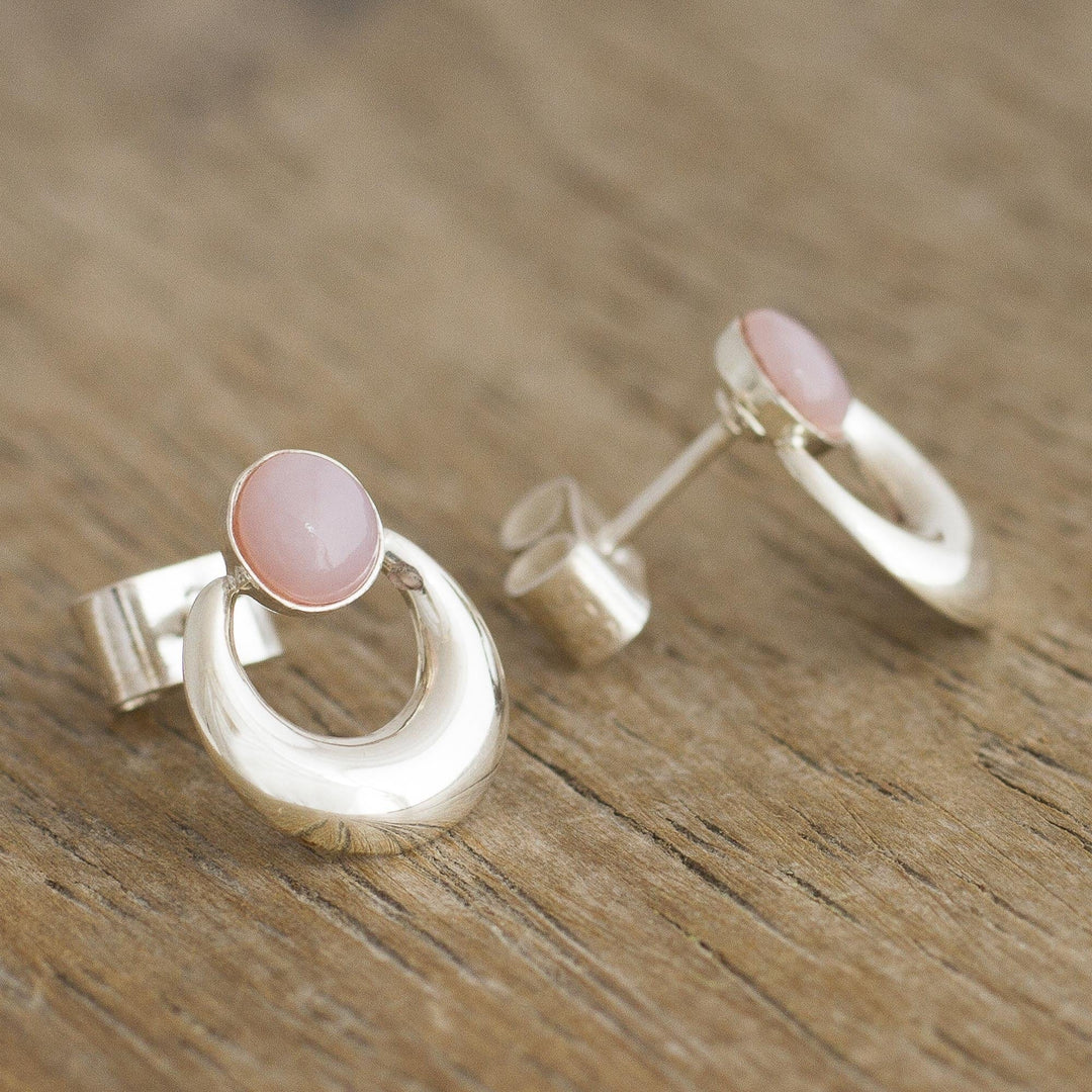 Handmade Pink Opal Earrings - Crowned Crescent
