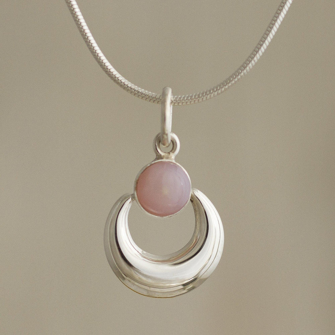 Sterling Silver and Pink Opal Necklace - Crowned Crescent