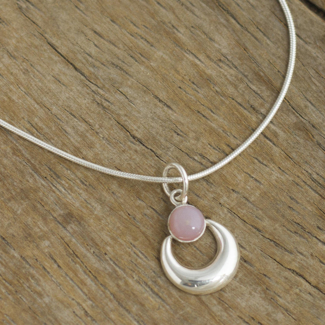 Sterling Silver and Pink Opal Necklace - Crowned Crescent