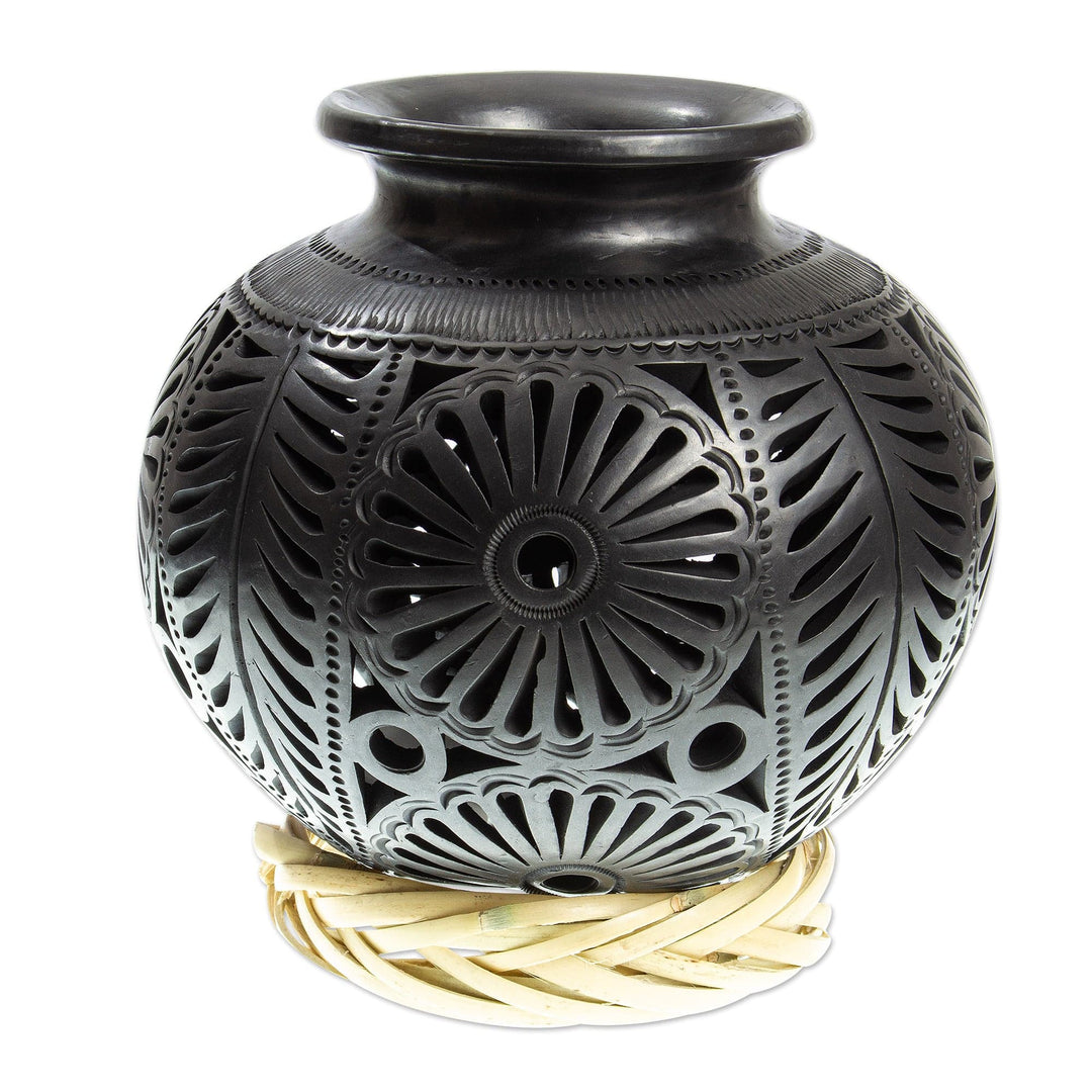 Handmade Black Barro Negro Decorative Vase - Frond and Flower