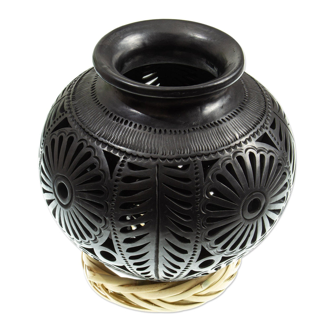 Handmade Black Barro Negro Decorative Vase - Frond and Flower