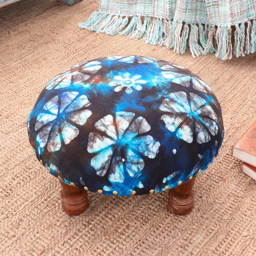TIe-Dyed Floral Ottoman with Wood Legs - Flower Majesty