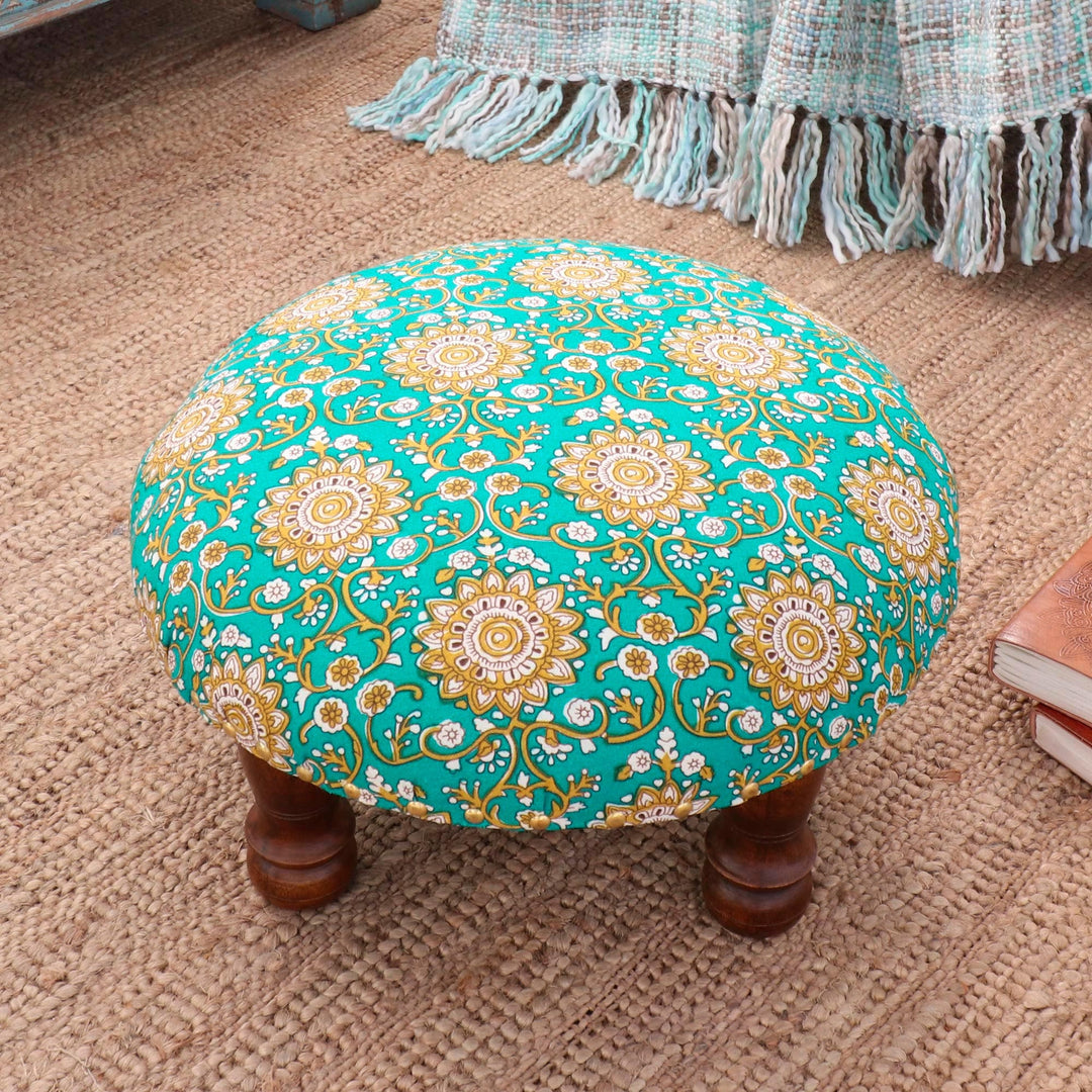 Green Mandala Motif Ottoman with Wood Legs - Green Magnificence