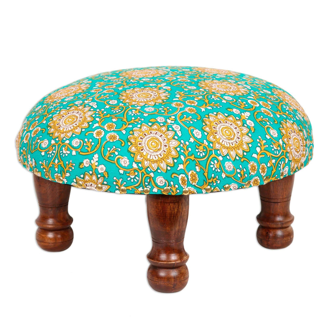 Floral Motif Ottoman with Wood Legs - Mughal Architecture