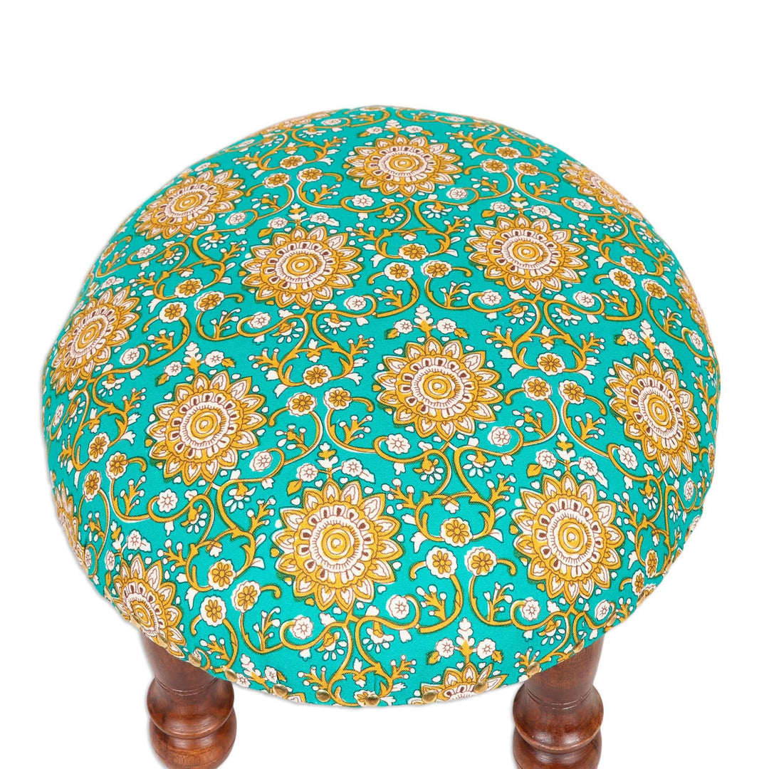 Floral Motif Ottoman with Wood Legs - Mughal Architecture