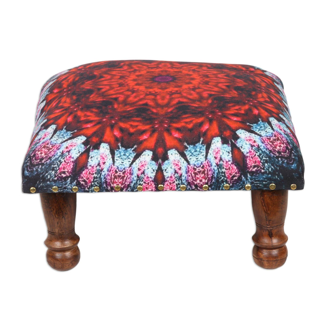 Multicolored Mandala Motif Ottoman with Wood Legs - Heavenly Flower
