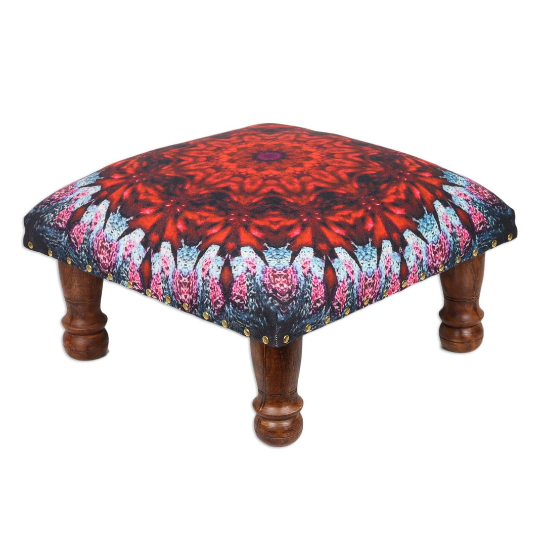 Multicolored Mandala Motif Ottoman with Wood Legs - Heavenly Flower