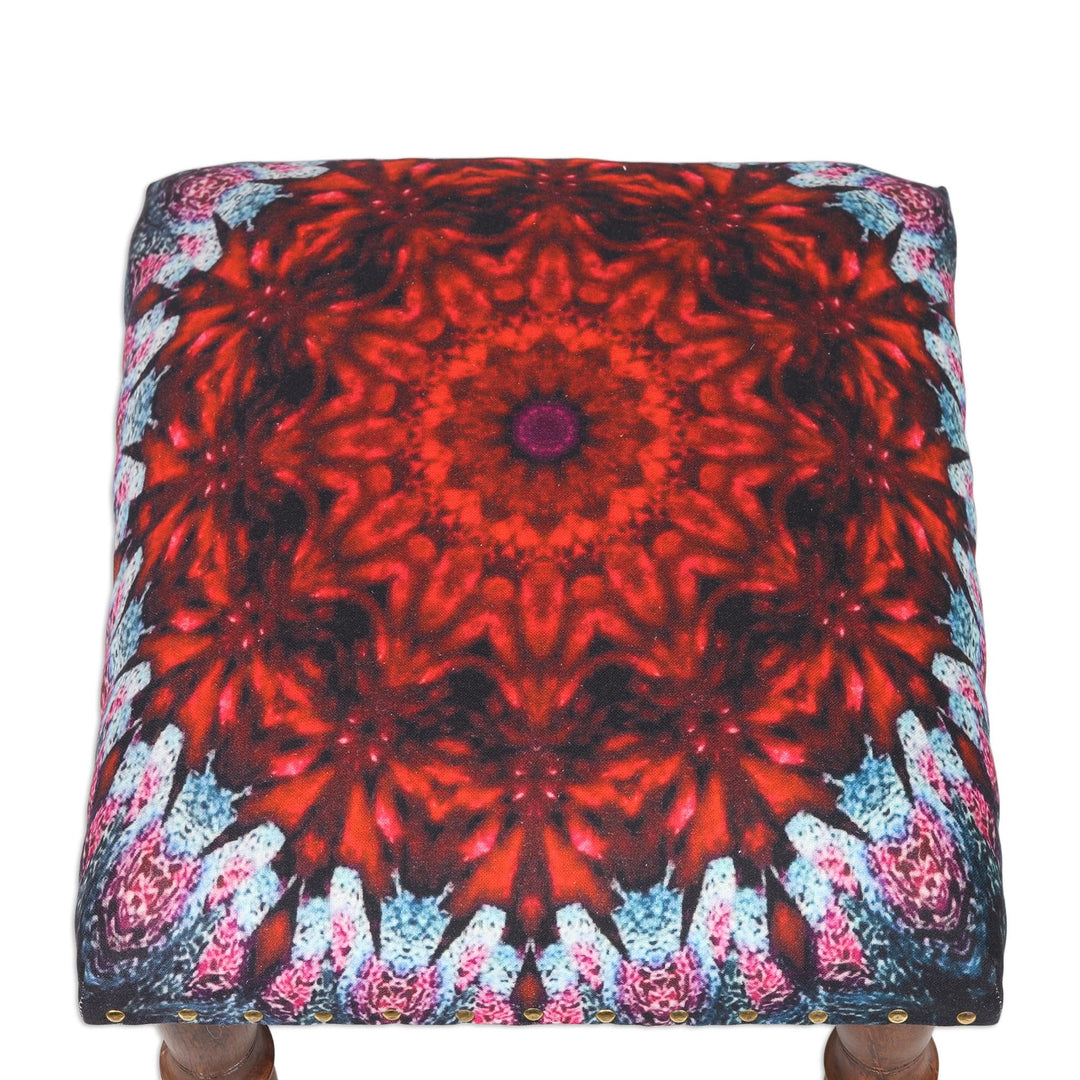 Multicolored Mandala Motif Ottoman with Wood Legs - Heavenly Flower