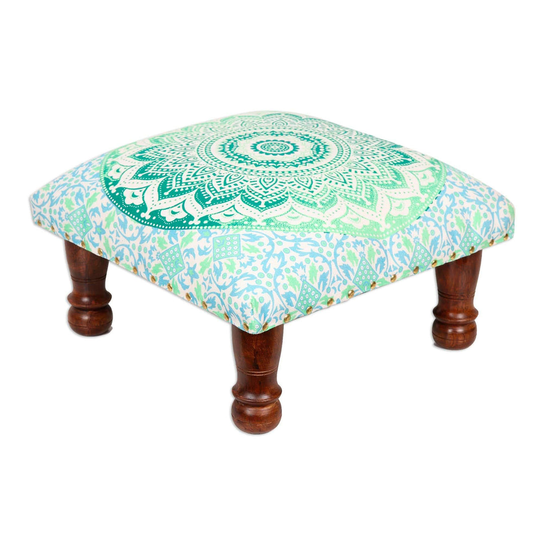 Green Mandala Motif Ottoman with Wood Legs - Green Magnificence
