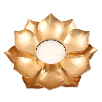 Gold Finish Steel Lotus Blossom Tealight Candleholder - Golden Lotus Glow