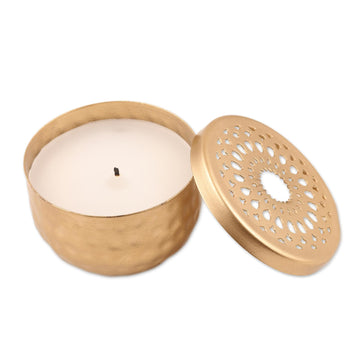 Gold Finish Tealight Candle and Holder with Jali Cutouts - Dancing Light