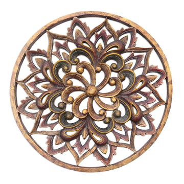 Hand Carved Suar Wood Floral Relief Panel - Twilight Flower