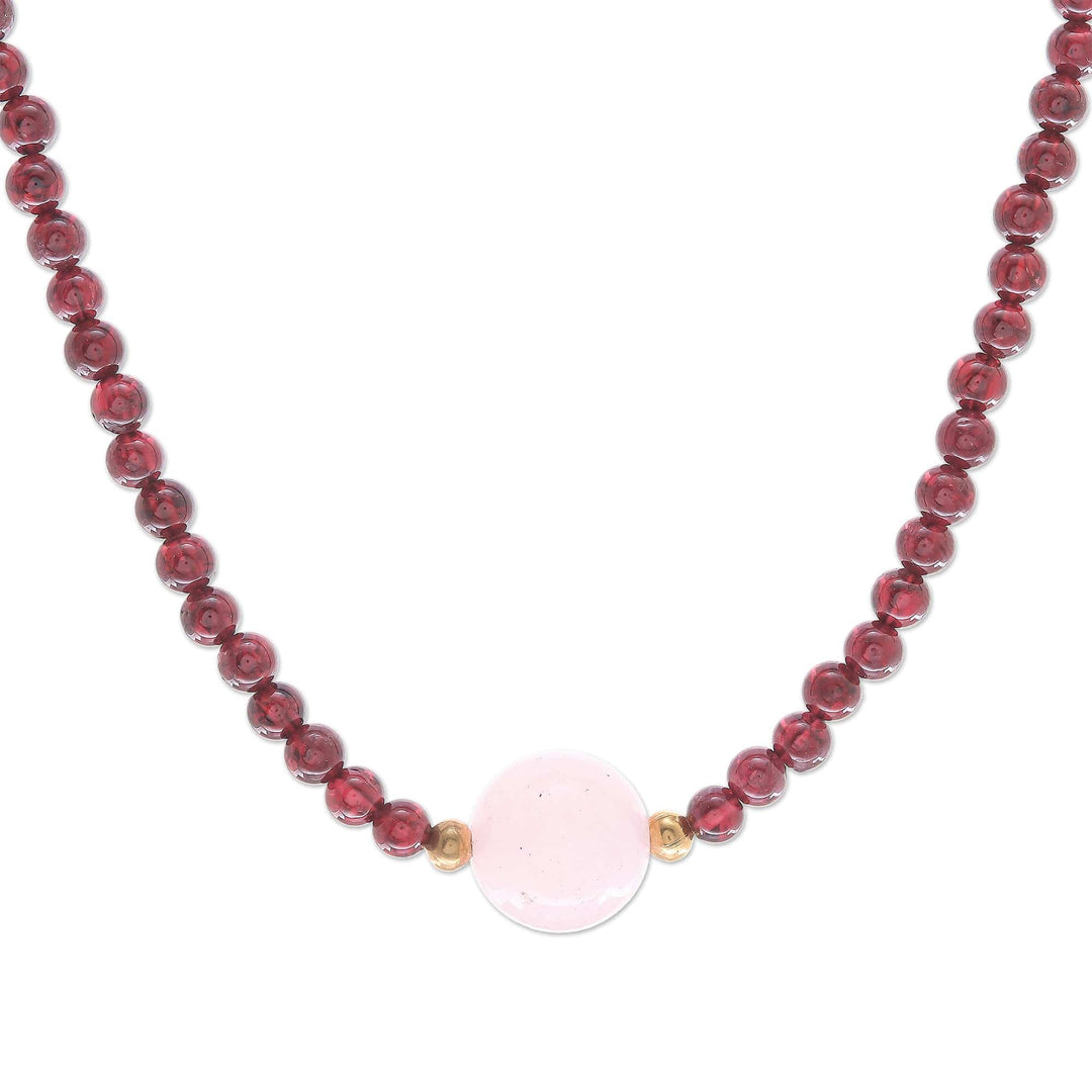 Handmade Garnet and Rose Quartz Beaded Necklace - Precious Orb in Crimson