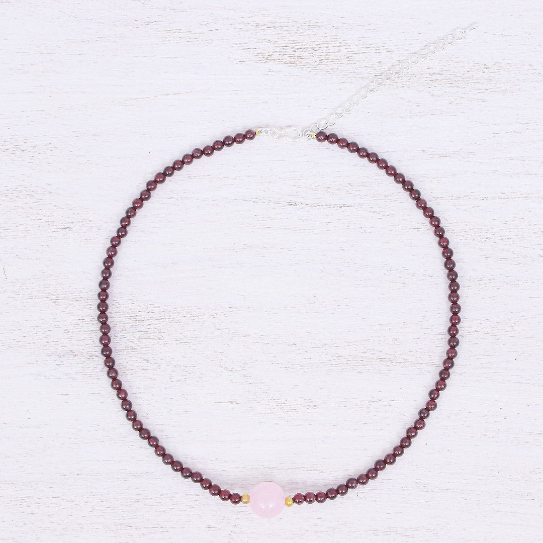 Handmade Garnet and Rose Quartz Beaded Necklace - Precious Orb in Crimson