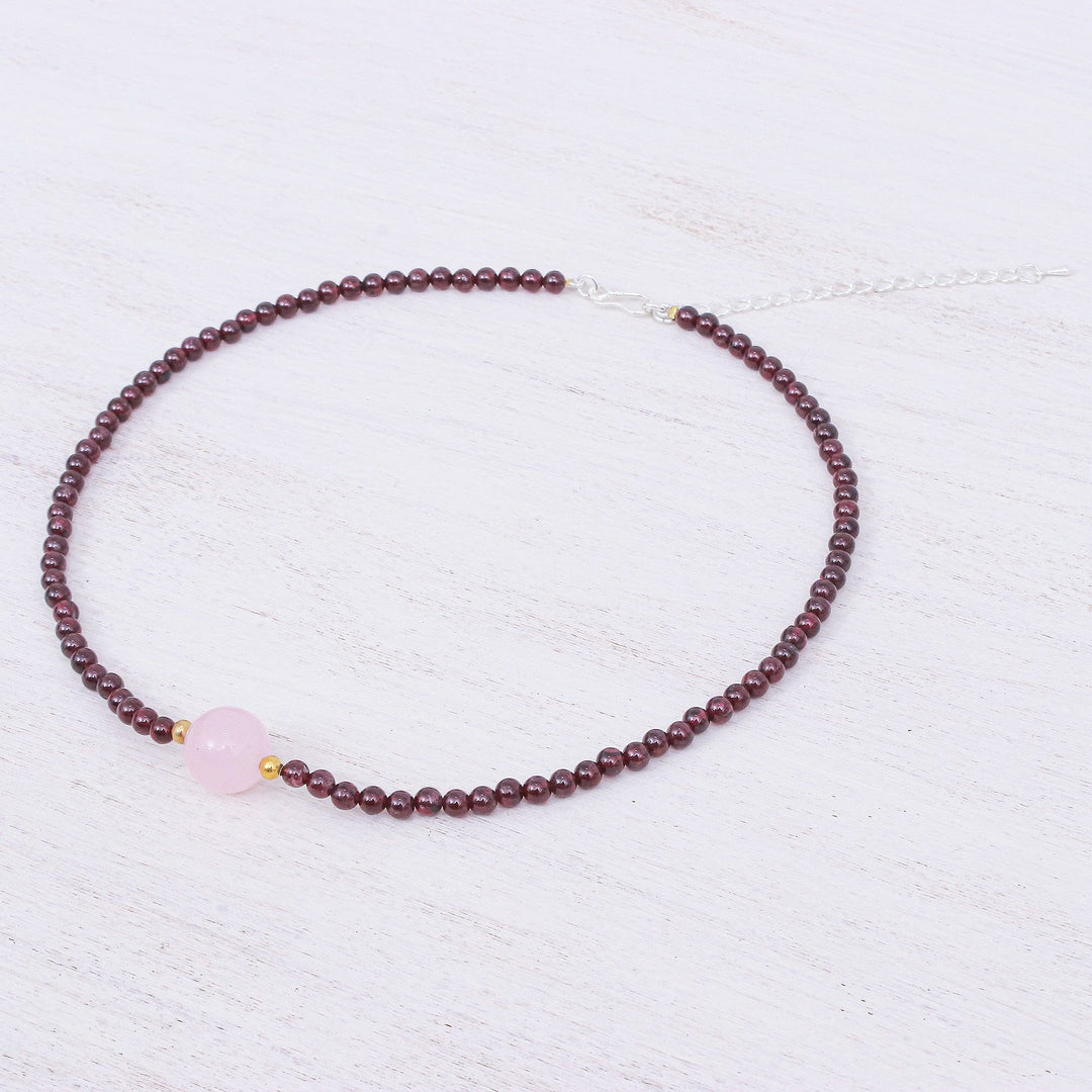 Handmade Garnet and Rose Quartz Beaded Necklace - Precious Orb in Crimson