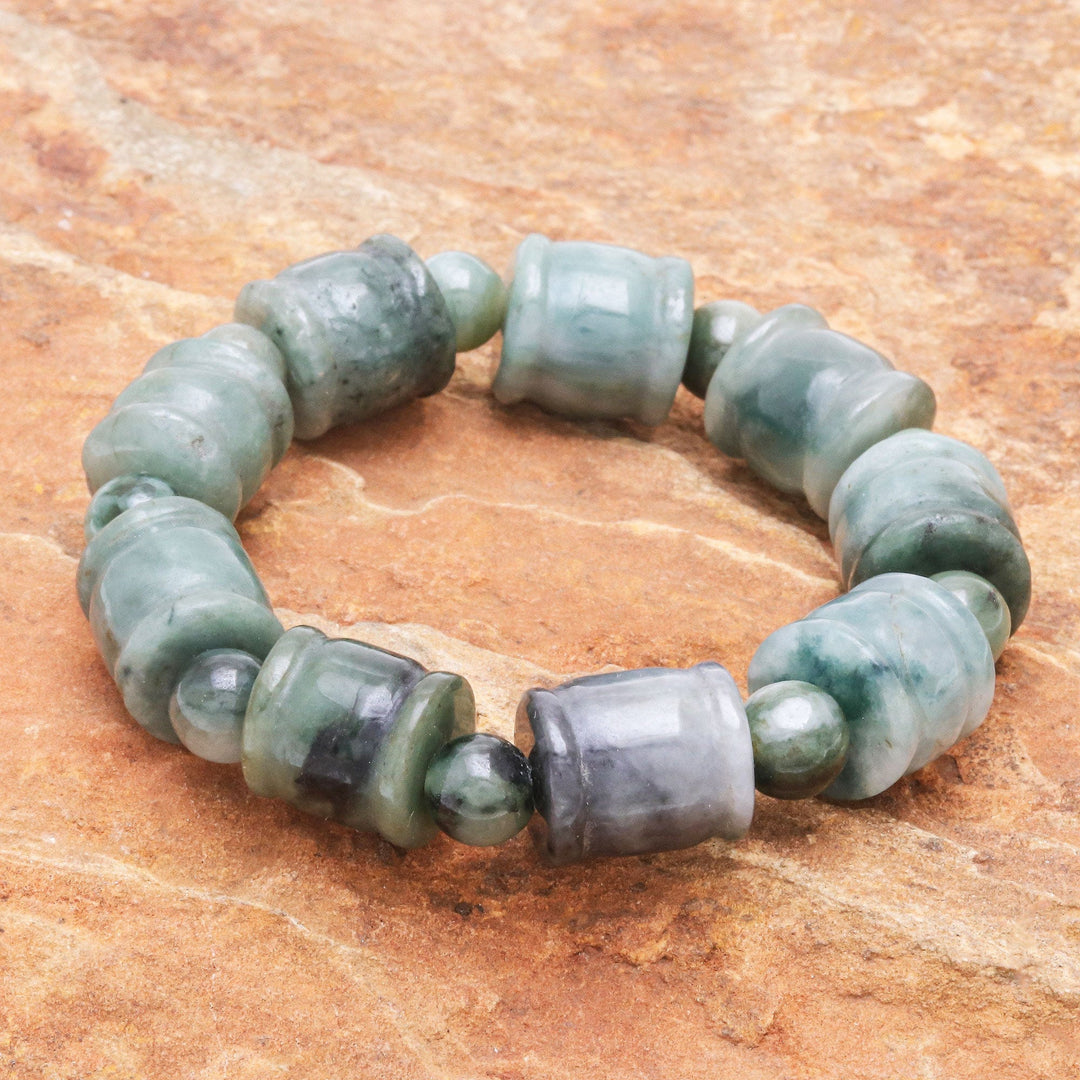 Round and Barrel Shaped Jade Bead Stretch Bracelet - Barrels and Beads
