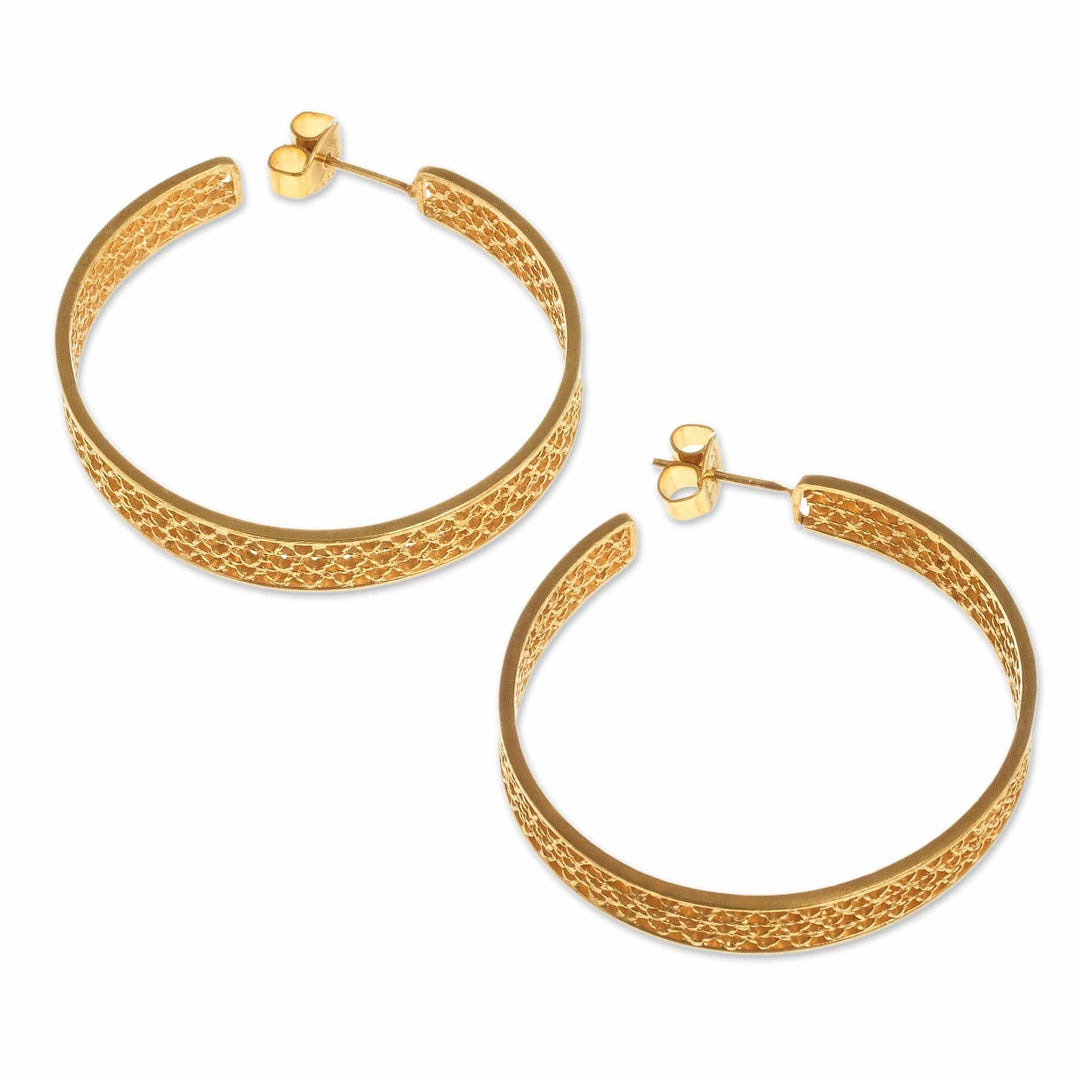 Gold Plated Silver Filigree Half-Hoop Earrings from Peru - Colonial Intricacy