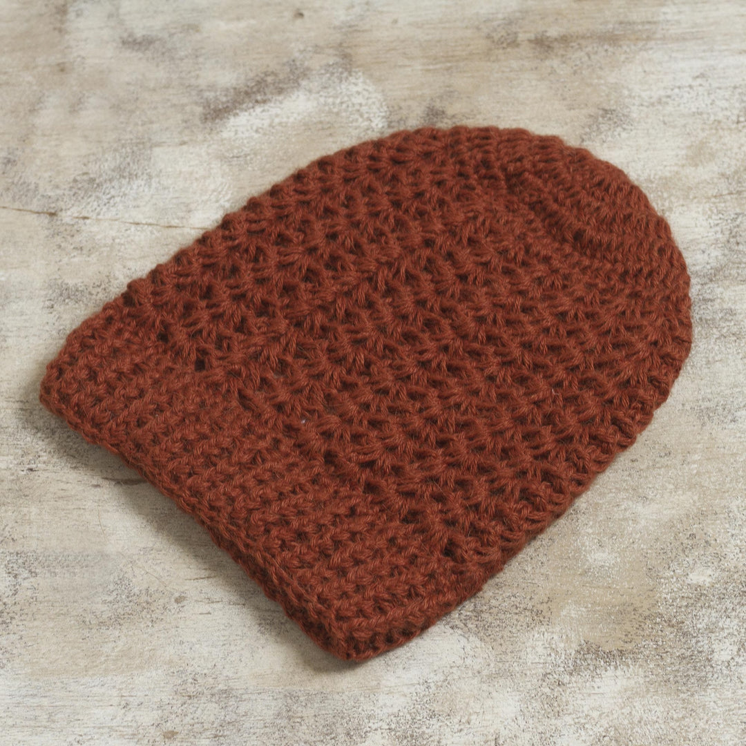 Hand Crocheted Burnt Sienna 100% Alpaca Hat - Burnt Sienna Stars Align