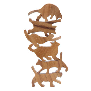 Hand Carved Teak Wood Cat-Themed Stacking Game (6 Pieces) - Ninja Cats