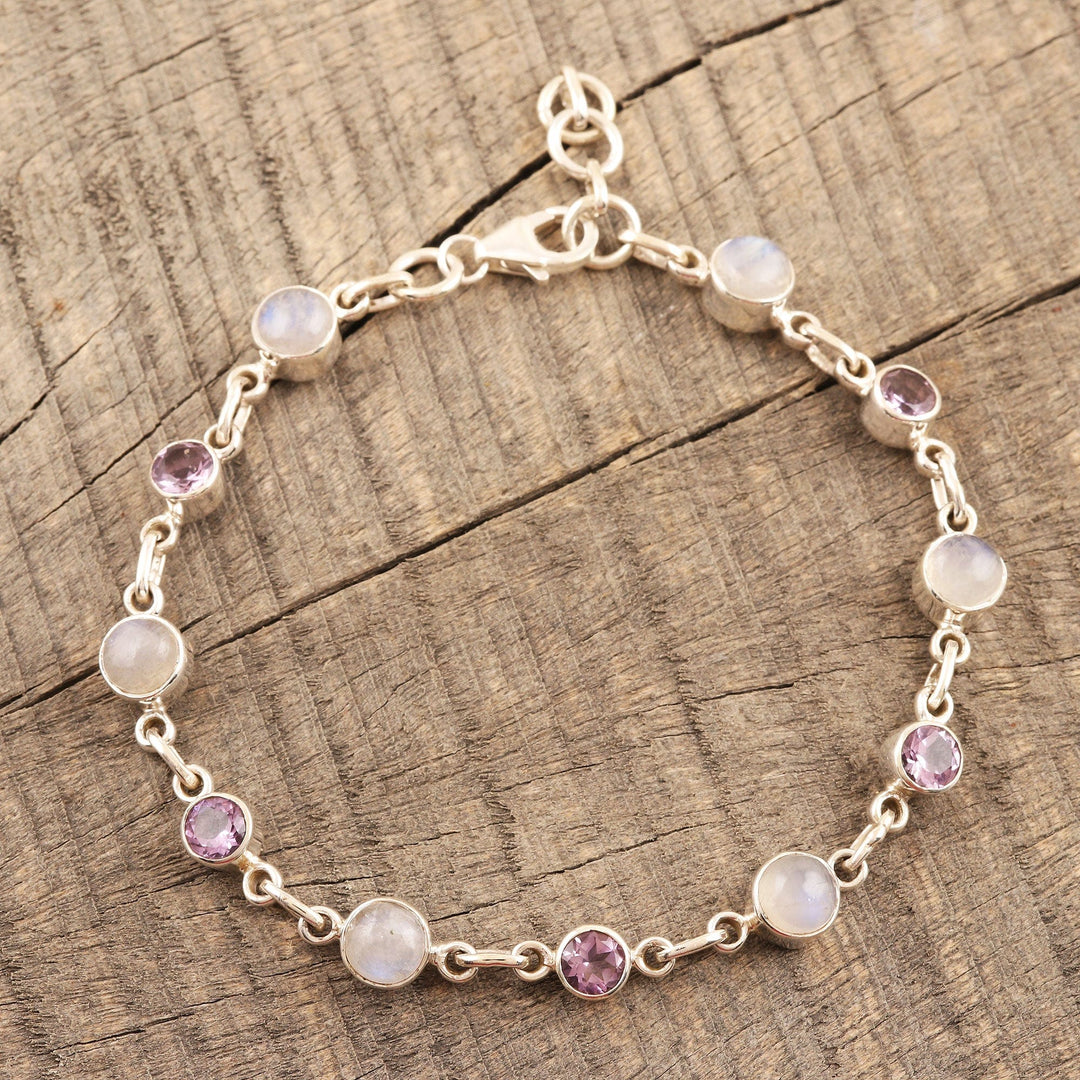 Handmade Rainbow Moonstone and Amethyst Link Bracelet - Ravishing Beauty in Purple