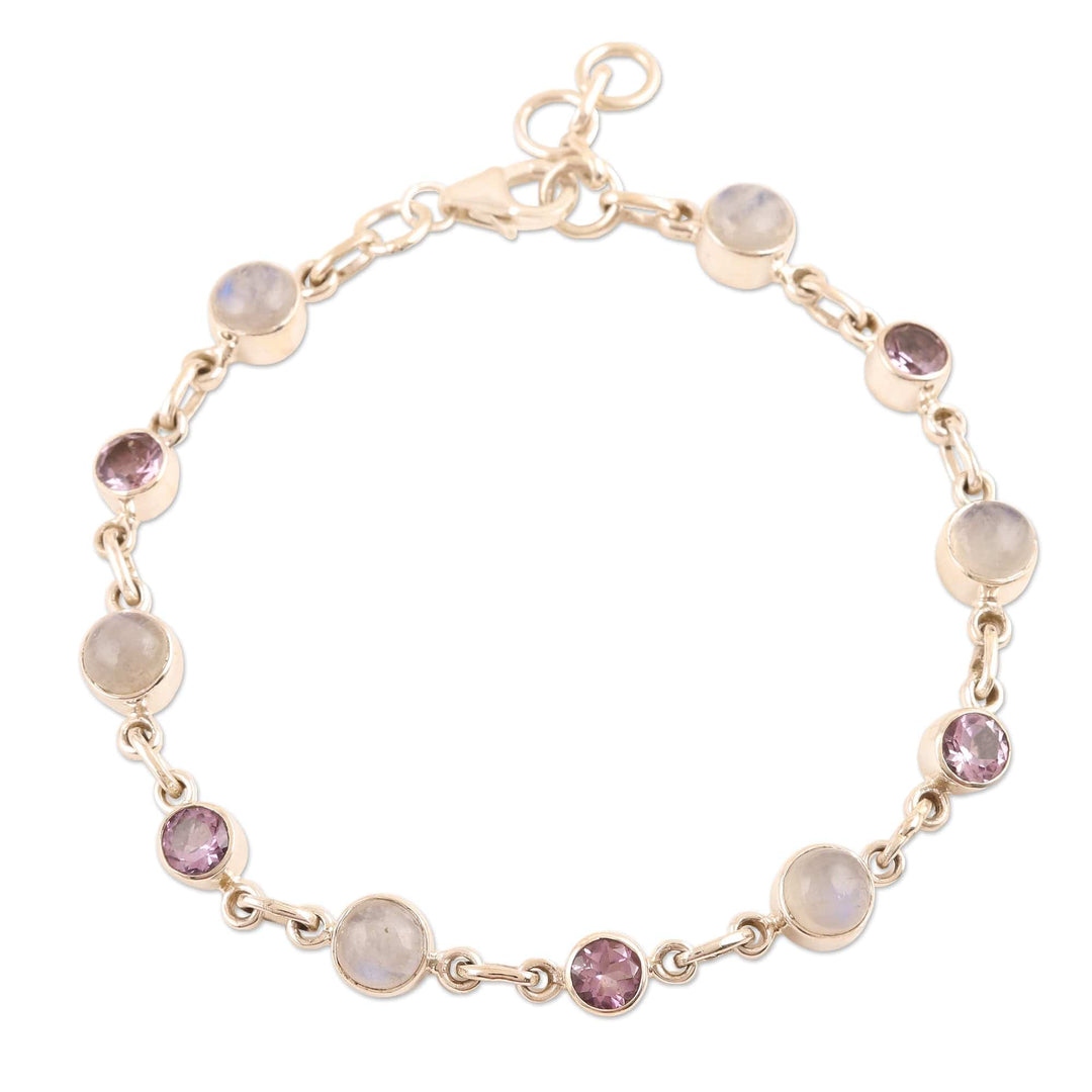 Handmade Rainbow Moonstone and Amethyst Link Bracelet - Ravishing Beauty in Purple