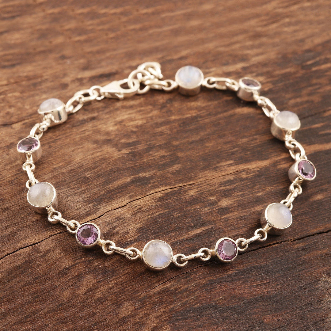 Handmade Rainbow Moonstone and Amethyst Link Bracelet - Ravishing Beauty in Purple