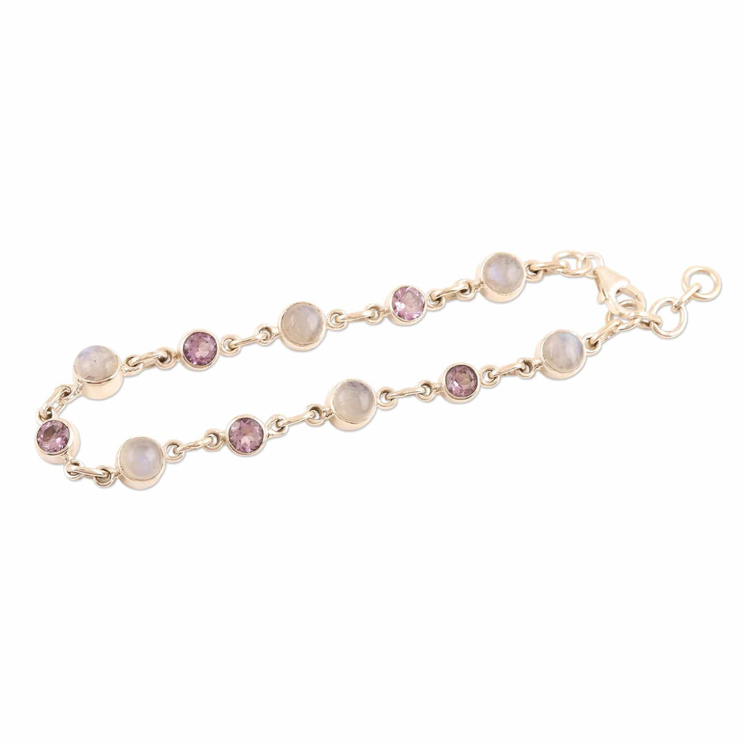 Handmade Rainbow Moonstone and Amethyst Link Bracelet - Ravishing Beauty in Purple