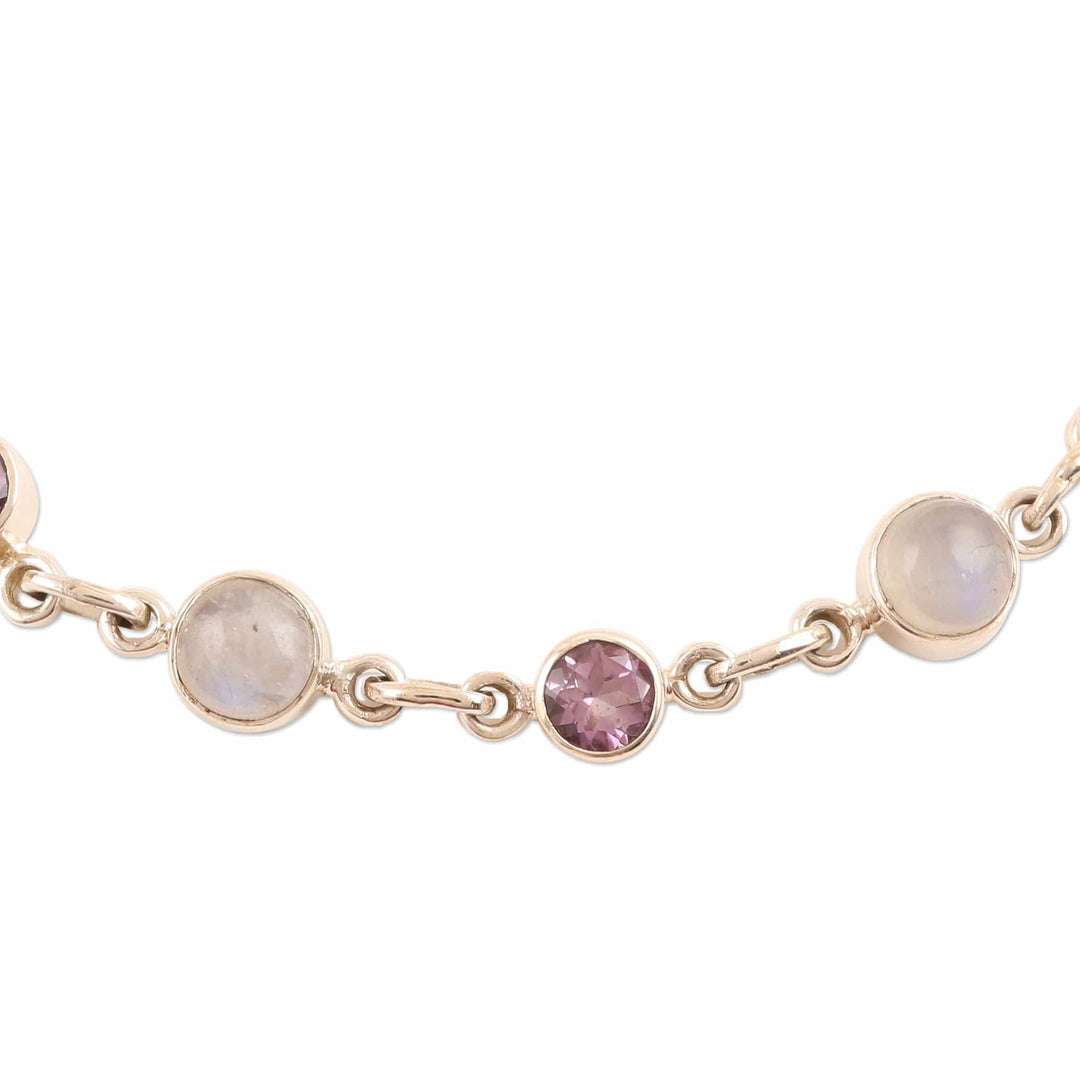 Handmade Rainbow Moonstone and Amethyst Link Bracelet - Ravishing Beauty in Purple