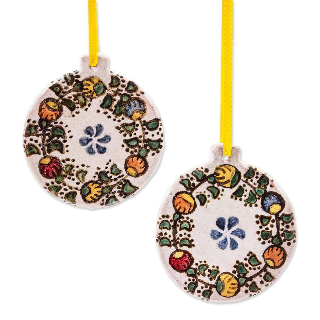 Talavera-Style Ceramic Floral Ornaments (Pair) - Holiday in Puebla