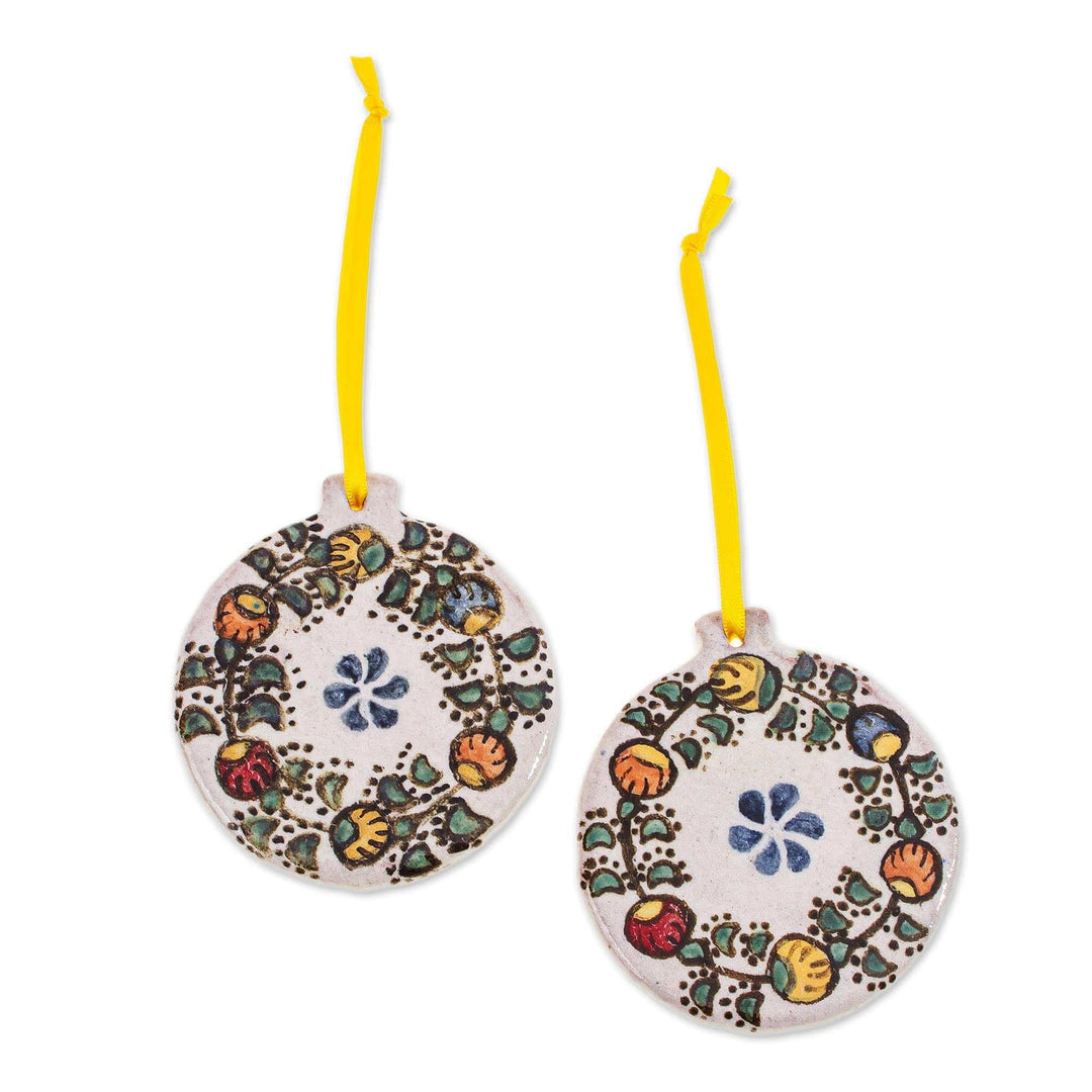 Talavera-Style Ceramic Floral Ornaments (Pair) - Holiday in Puebla