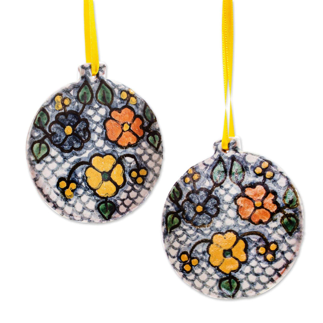 Talavera-Style Ceramic Ornaments (Pair) - Flower Cheer