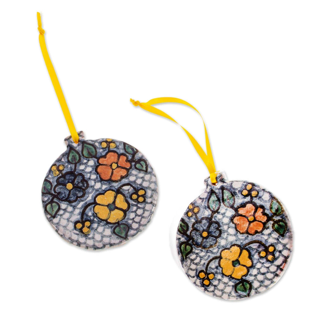 Talavera-Style Ceramic Ornaments (Pair) - Flower Cheer