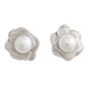 Sterling Silver and Cultured Pearl Flower Earrings - Treasured Rose