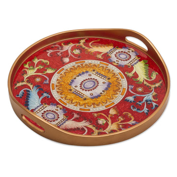 Red Reverse-Painted Glass Serving Tray - Royal Medallion in Red
