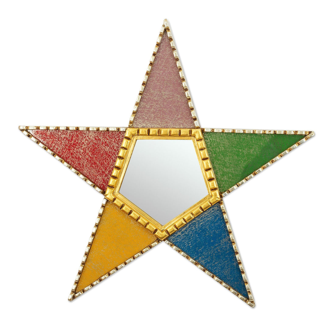 Star Shaped Wood and Glass Wall Mirror - Colorful Star