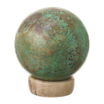 Hand Carved Chrysocolla Sphere Sculpture on Calcite Base - Earth's Majesty