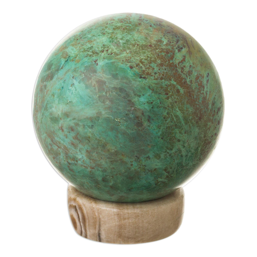 Hand Carved Chrysocolla Sphere Sculpture on Calcite Base - Earth's Majesty