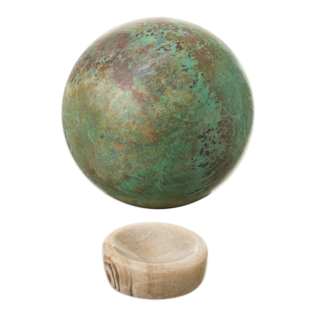 Hand Carved Chrysocolla Sphere Sculpture on Calcite Base - Earth's Majesty