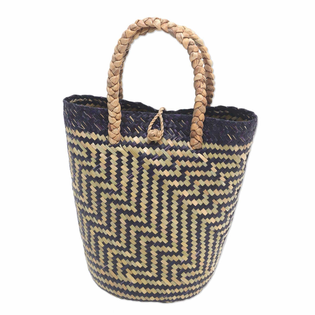 Natural Fiber Zigzag Patterned Tote Bag from Bali - Diagonal Path